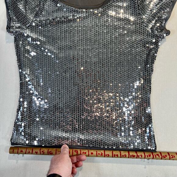 August Silk Knits Silver Sequin Scoop Neck Short Sleeve Top Woman's L - Picture 8 of 14